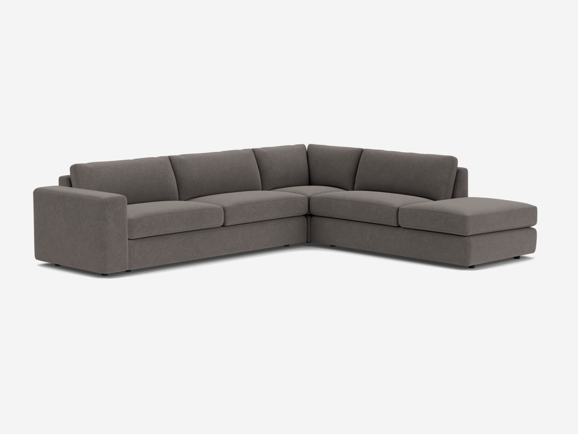 Front angle view of grey sectional sofa with right hand chaise